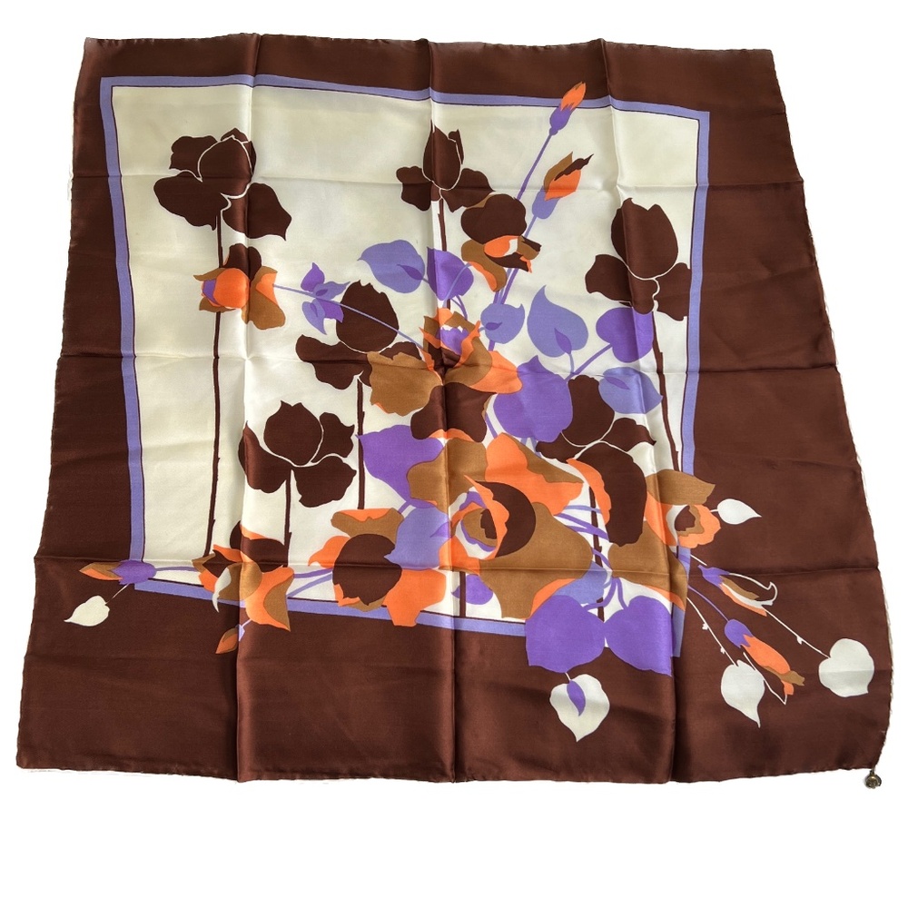 Seta Pura Scarf Abstract Floral Orange Brown Purple Silk 26" Square Rolled Edge